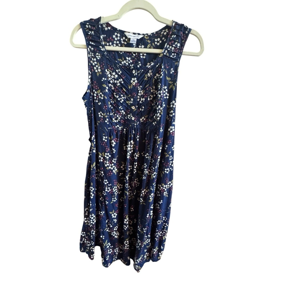 April Cornell Navy Blue White Ditsy Floral Print Dress Size XS Vertical Pleats